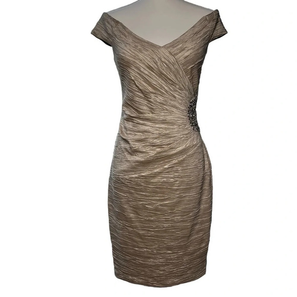 Eliza J (NWT) Textured Beaded Gold Tan Midi Sheath Dress Size 4 - Picture 1 of 14